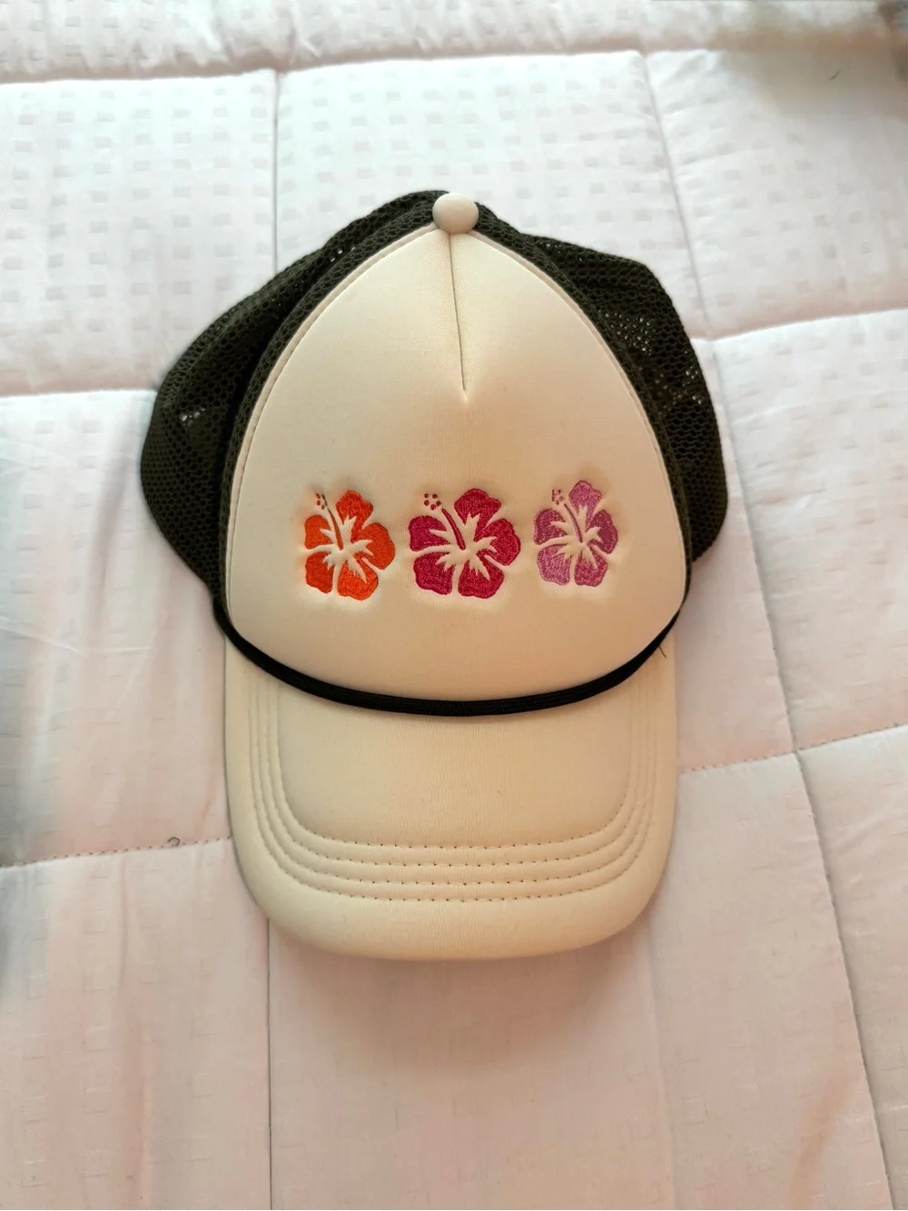 Kids Floral Trucker Hat - Cream with Pink & Orange Hibiscus